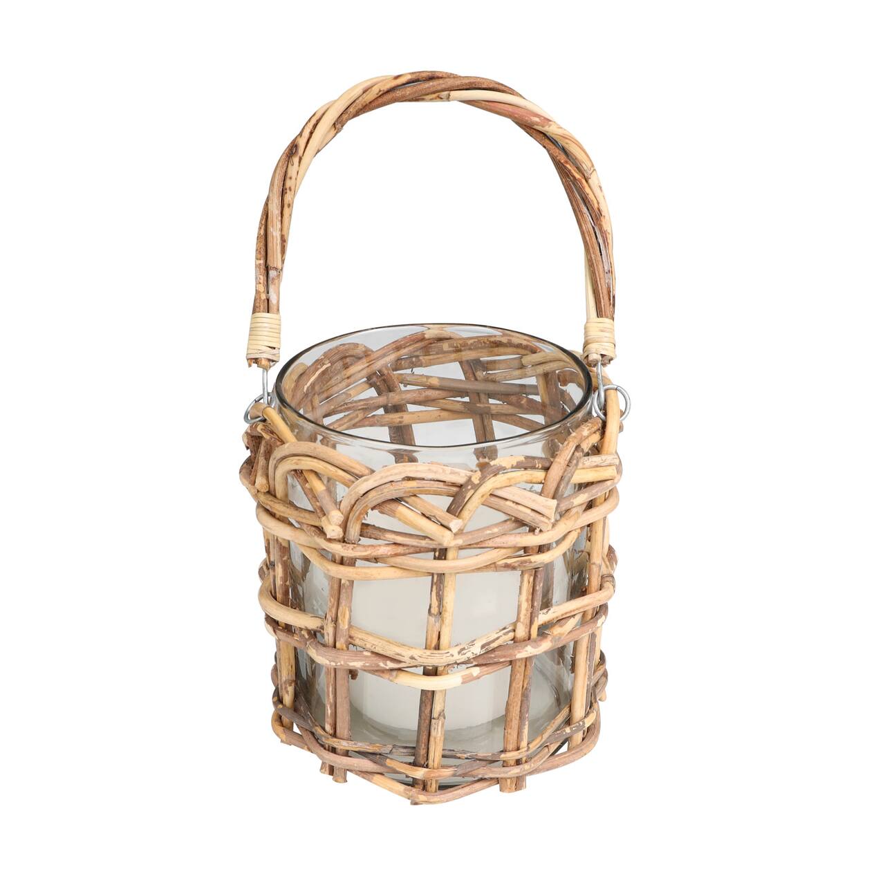 8" Clear Glass Handmade Candle Lantern with Brown Rattan Woven Exterior & Twisted Handle